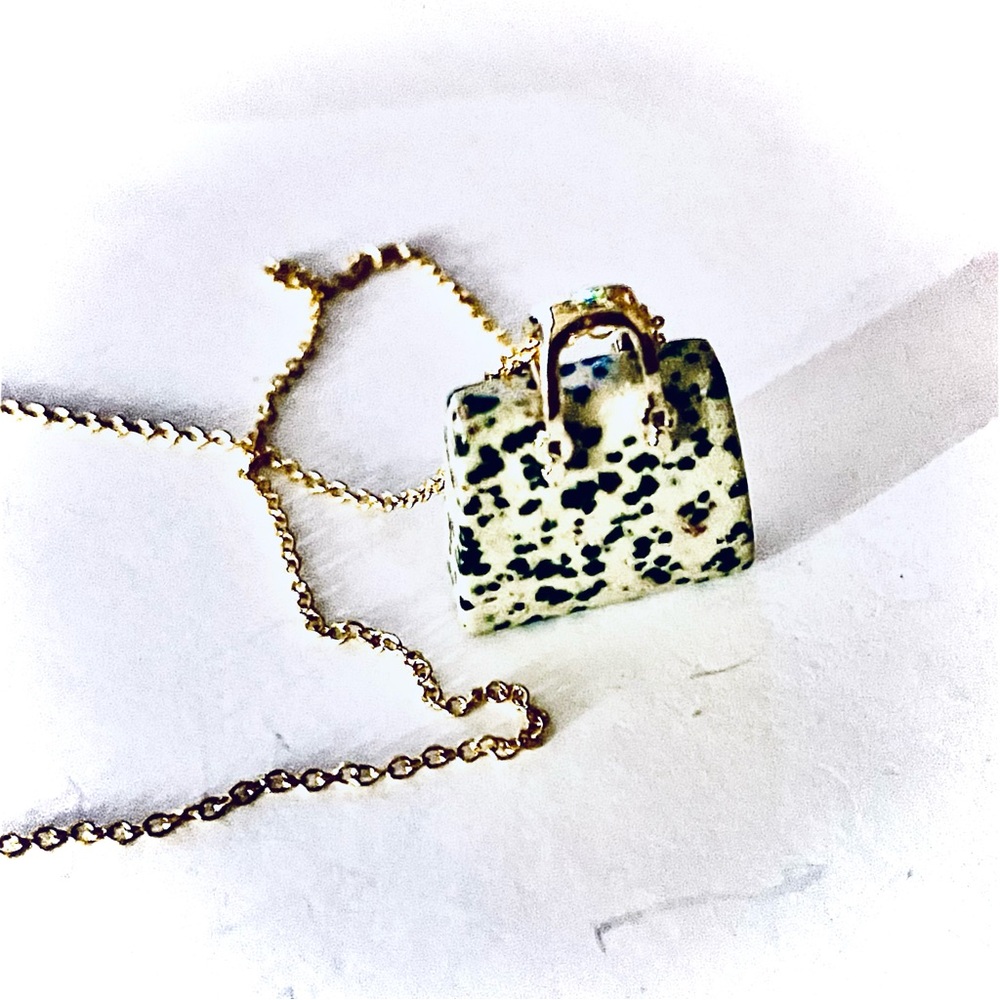 New Artisan 14k Gold Lady Christian Dior Dalmatian Jasper Handbag Necklace - Picture 8 of 17
